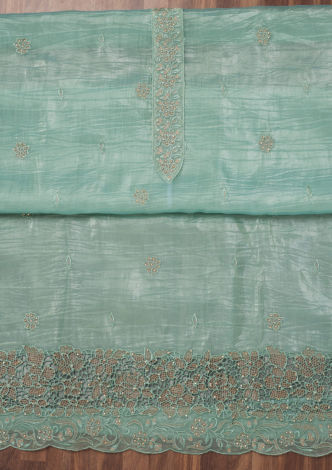Sea Green Zariwork Semi Crepe Unstitched Salwar Suit