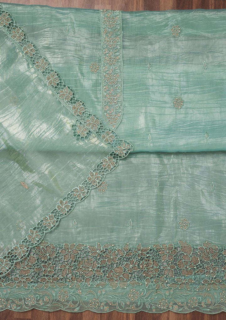 Sea Green Zariwork Semi Crepe Unstitched Salwar Suit