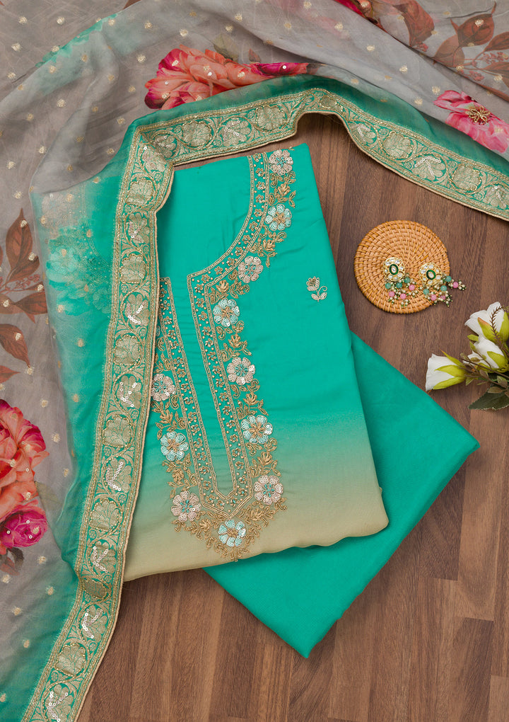 Sea Green Zariwork Semi Crepe Unstitched Salwar Suit