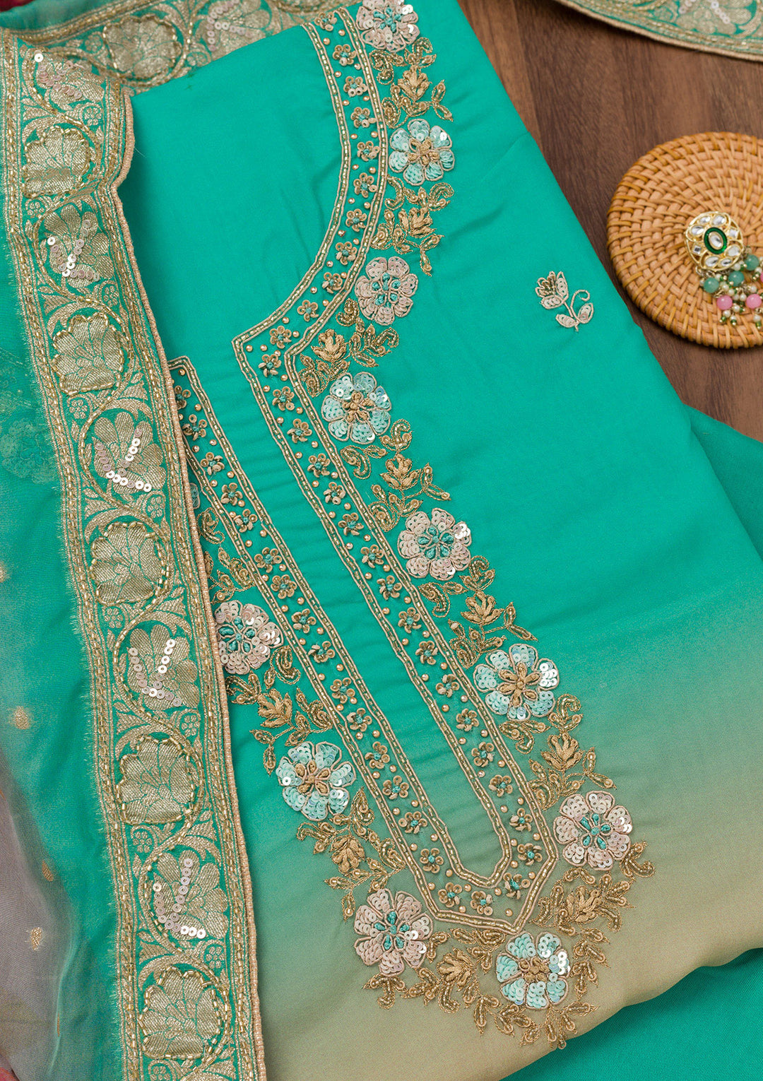 Sea Green Zariwork Semi Crepe Unstitched Salwar Suit