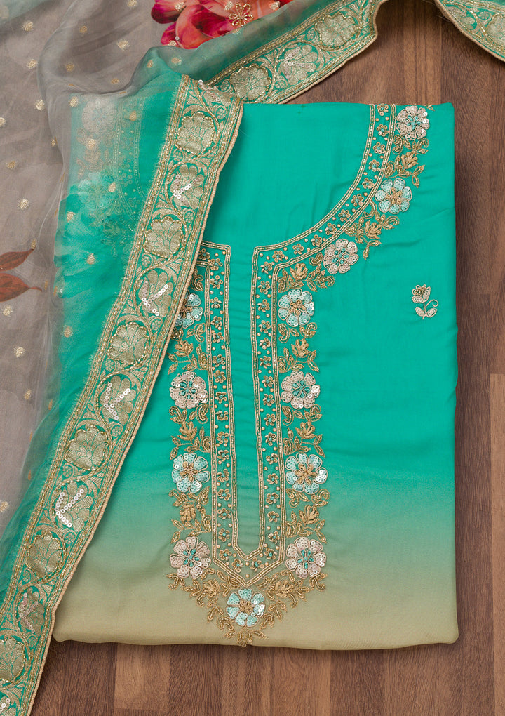 Sea Green Zariwork Semi Crepe Unstitched Salwar Suit