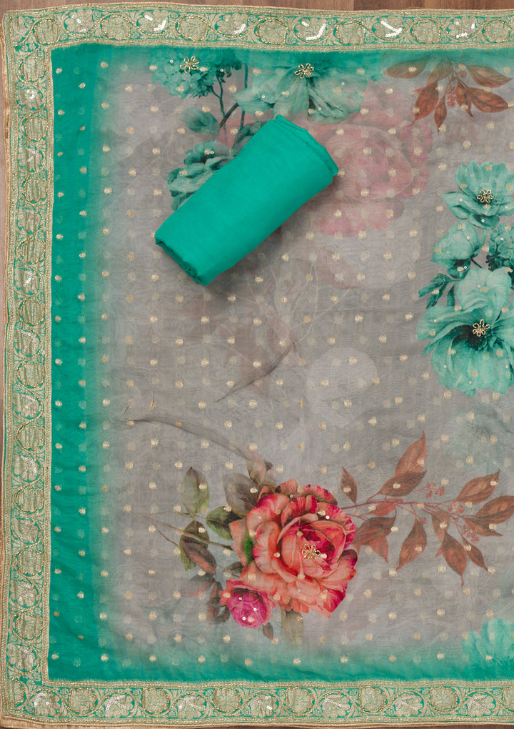 Sea Green Zariwork Semi Crepe Unstitched Salwar Suit