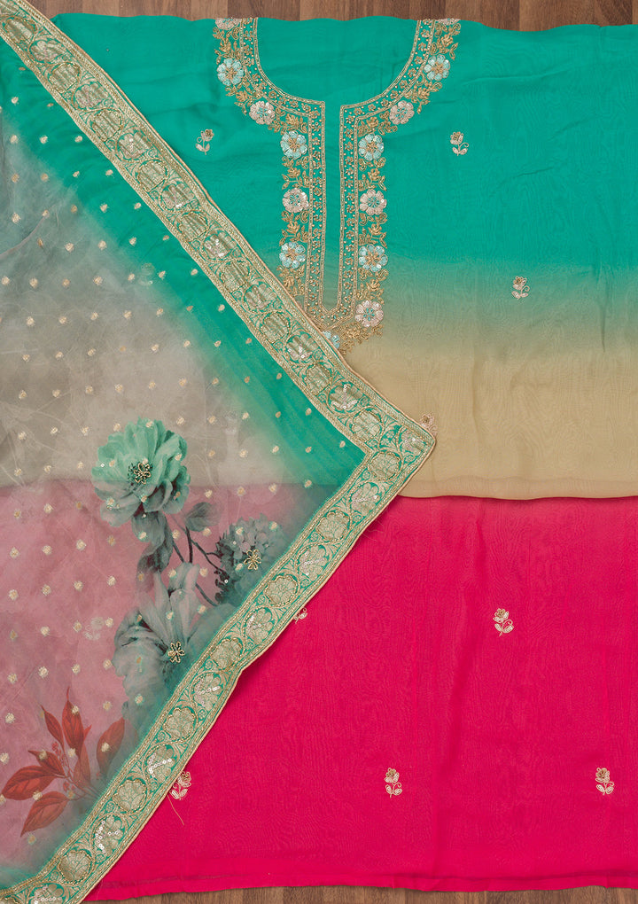 Sea Green Zariwork Semi Crepe Unstitched Salwar Suit