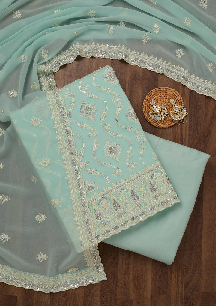 Sea Green Zariwork Semi Crepe Unstitched Salwar Suit