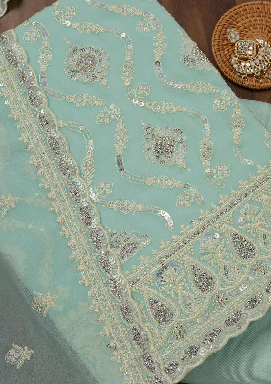 Sea Green Zariwork Semi Crepe Unstitched Salwar Suit