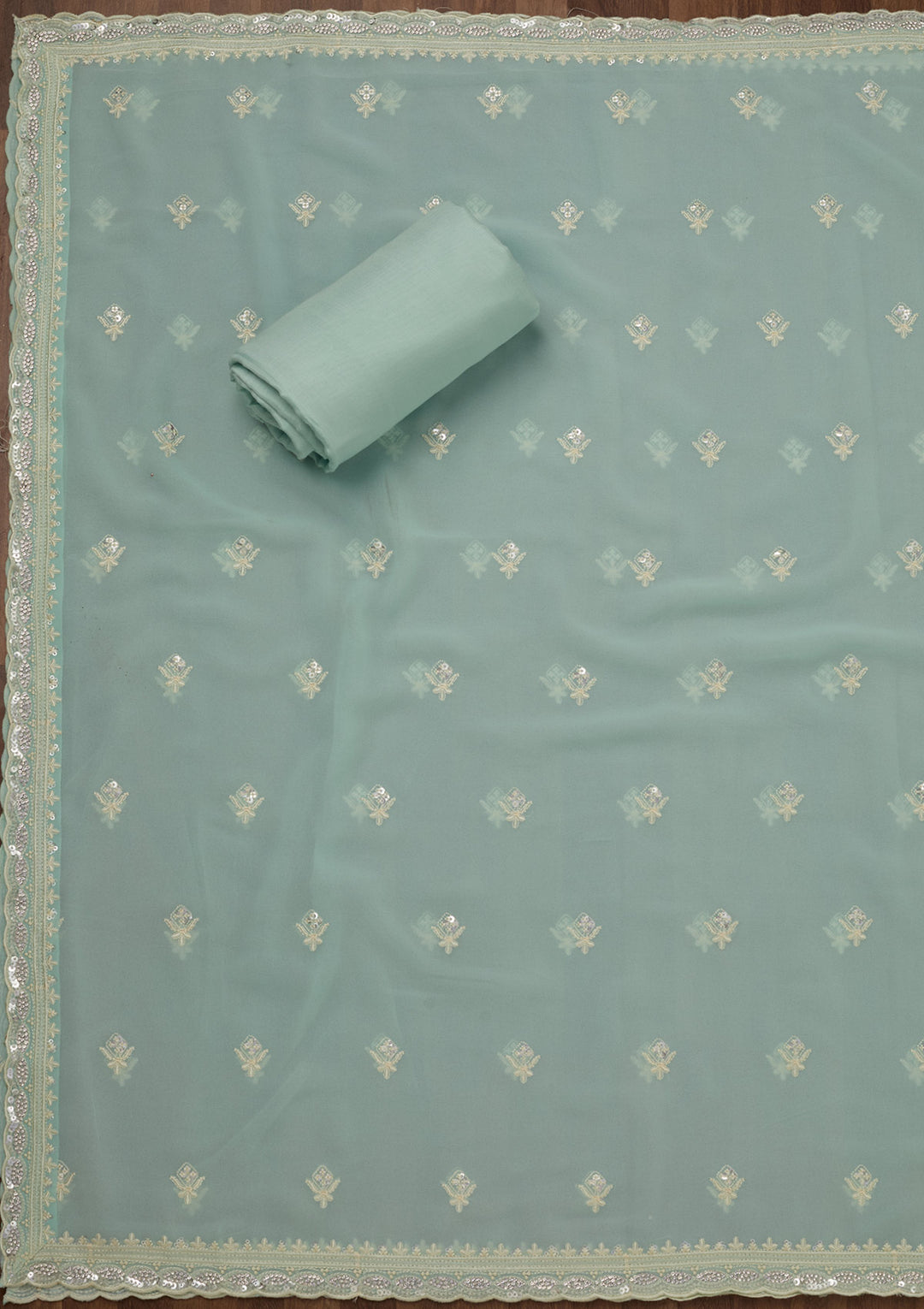 Sea Green Zariwork Semi Crepe Unstitched Salwar Suit