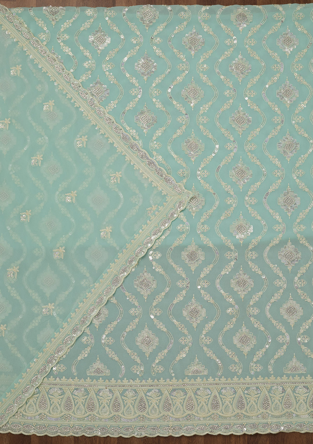Sea Green Zariwork Semi Crepe Unstitched Salwar Suit