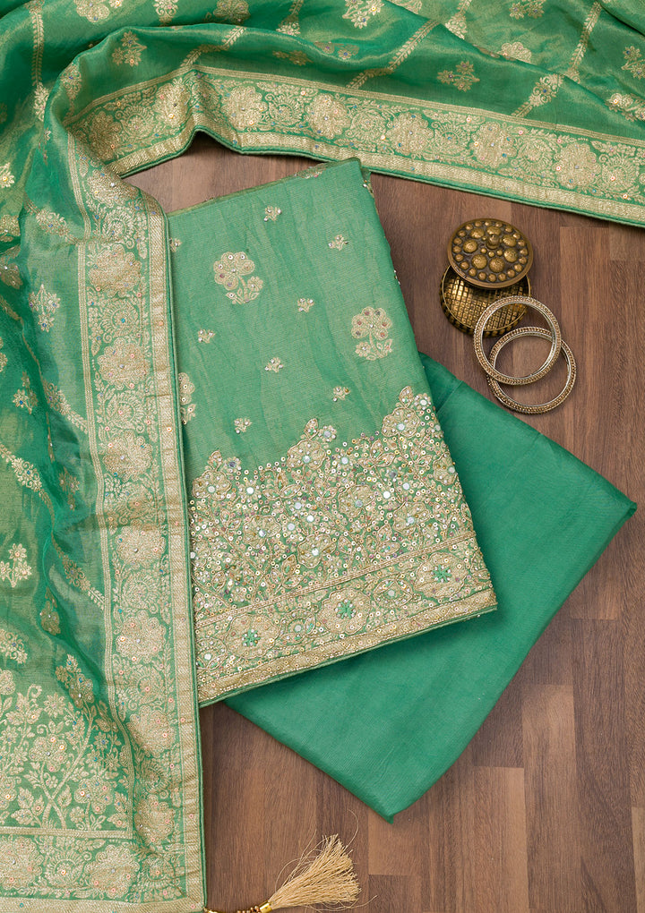 Sea Green Zariwork Semi Crepe Unstitched Salwar Suit