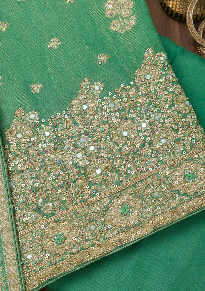 Sea Green Zariwork Semi Crepe Unstitched Salwar Suit