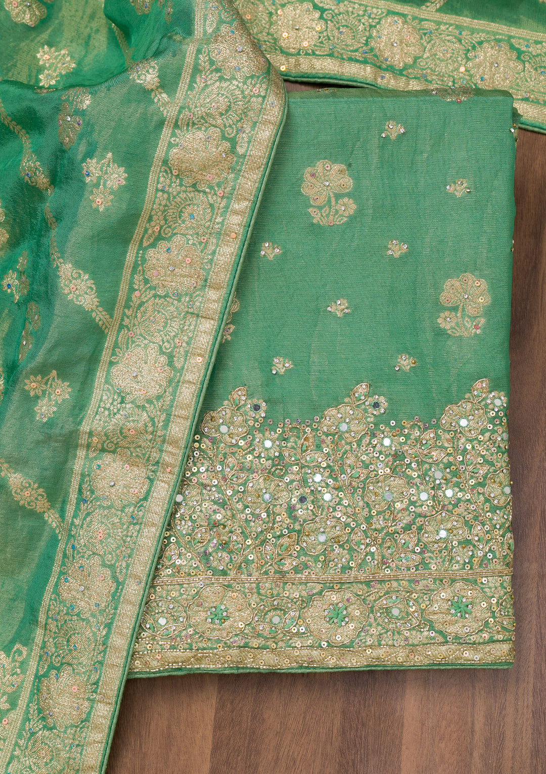 Sea Green Zariwork Semi Crepe Unstitched Salwar Suit