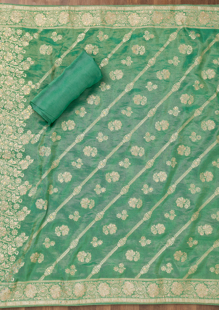 Sea Green Zariwork Semi Crepe Unstitched Salwar Suit