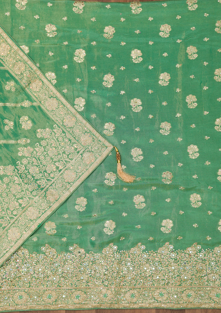 Sea Green Zariwork Semi Crepe Unstitched Salwar Suit