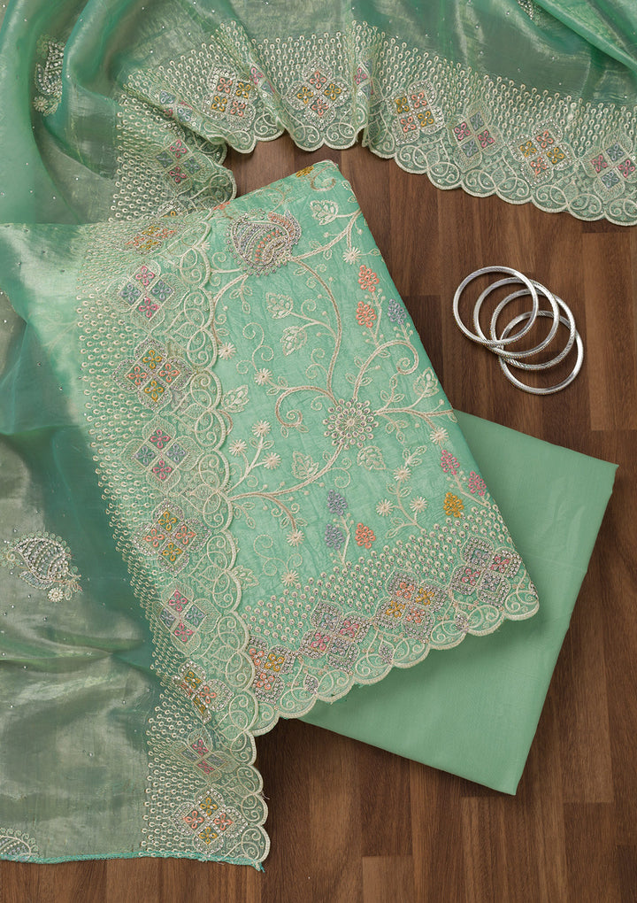 Sea Green Zariwork Semi Crepe Unstitched Salwar Suit