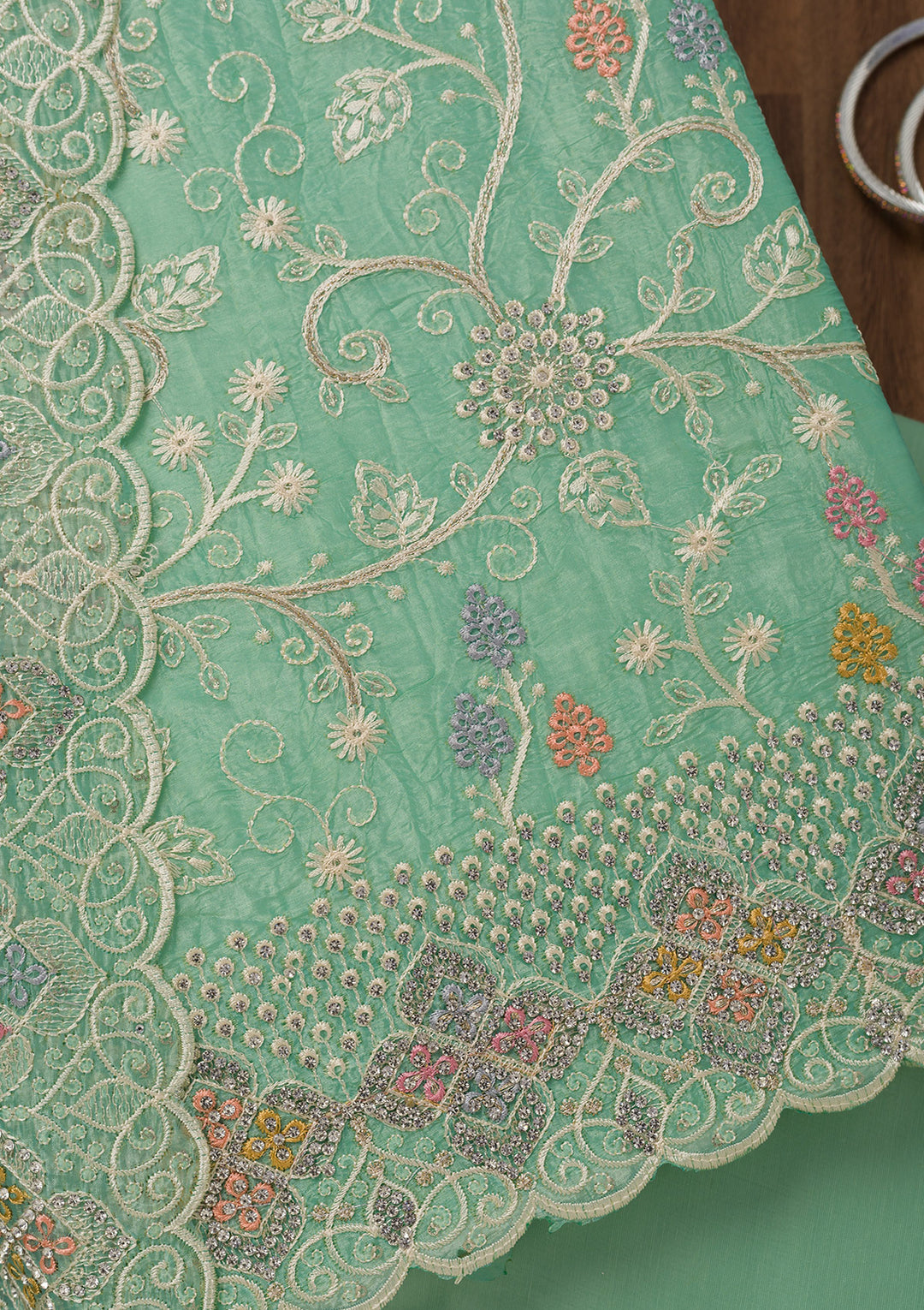 Sea Green Zariwork Semi Crepe Unstitched Salwar Suit