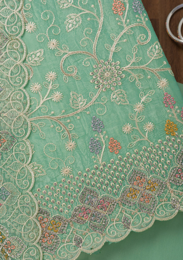 Sea Green Zariwork Semi Crepe Unstitched Salwar Suit