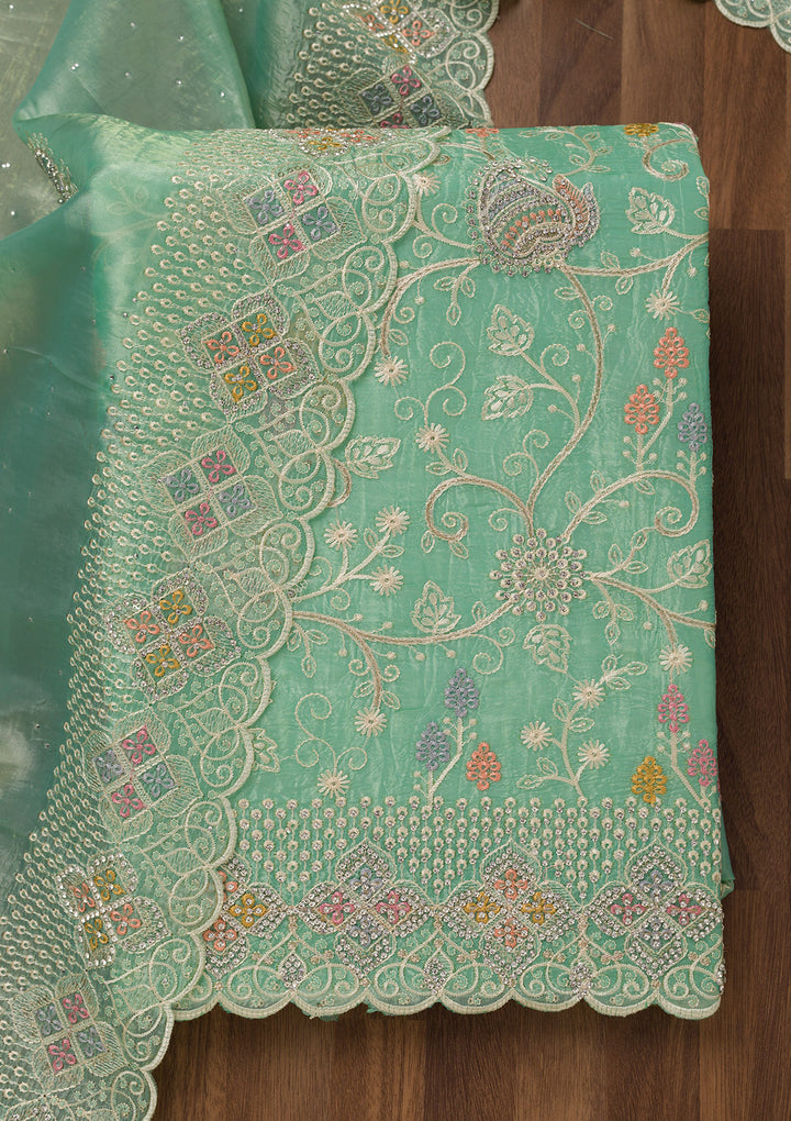Sea Green Zariwork Semi Crepe Unstitched Salwar Suit
