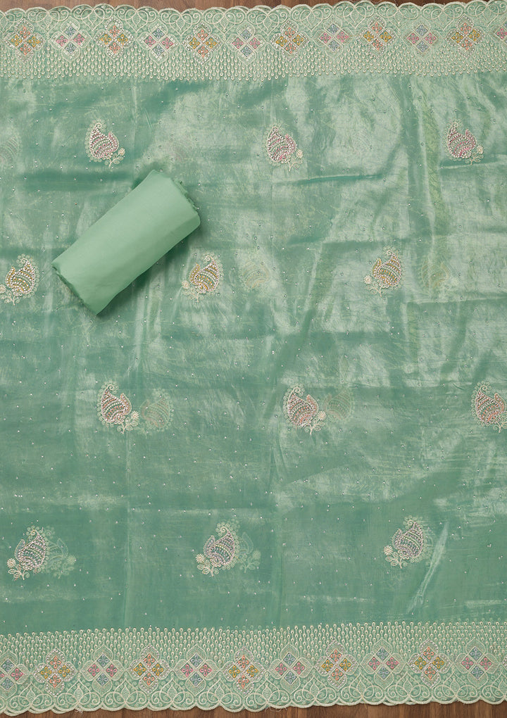 Sea Green Zariwork Semi Crepe Unstitched Salwar Suit