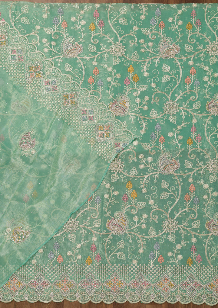 Sea Green Zariwork Semi Crepe Unstitched Salwar Suit