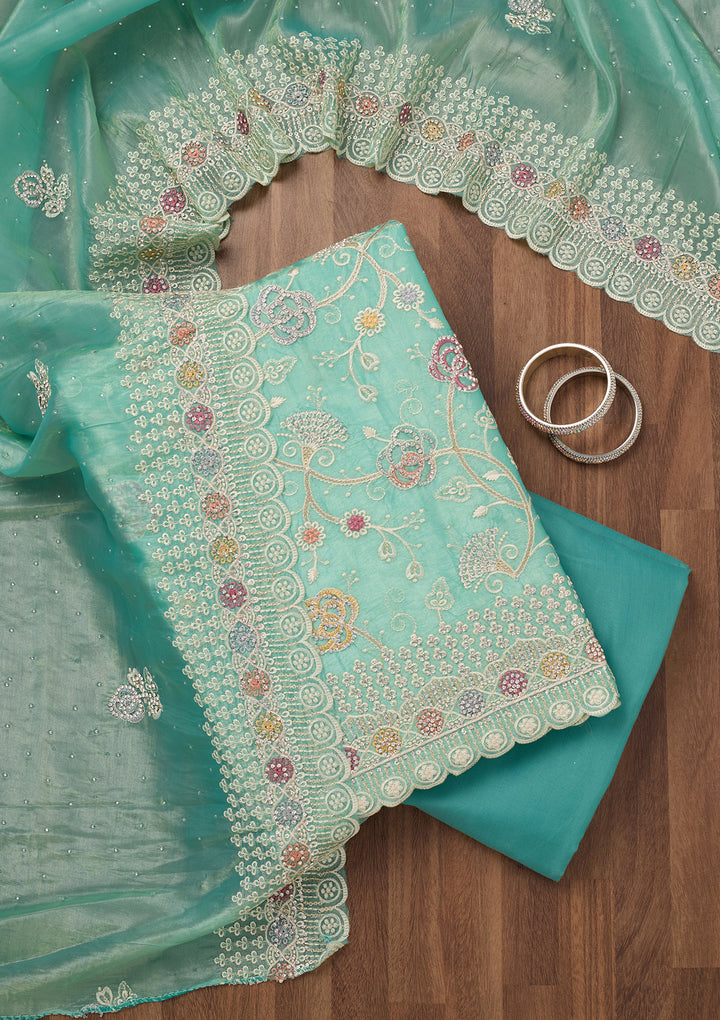 Sea Green Zariwork Semi Crepe Unstitched Salwar Suit