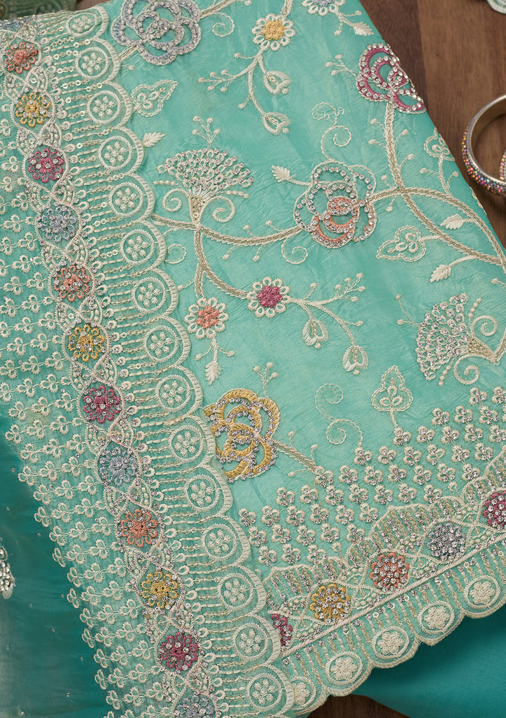 Sea Green Zariwork Semi Crepe Unstitched Salwar Suit