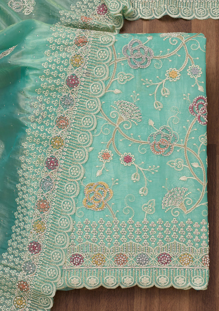Sea Green Zariwork Semi Crepe Unstitched Salwar Suit