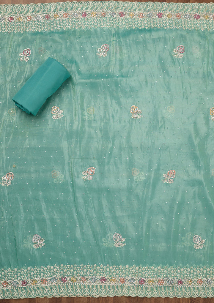 Sea Green Zariwork Semi Crepe Unstitched Salwar Suit
