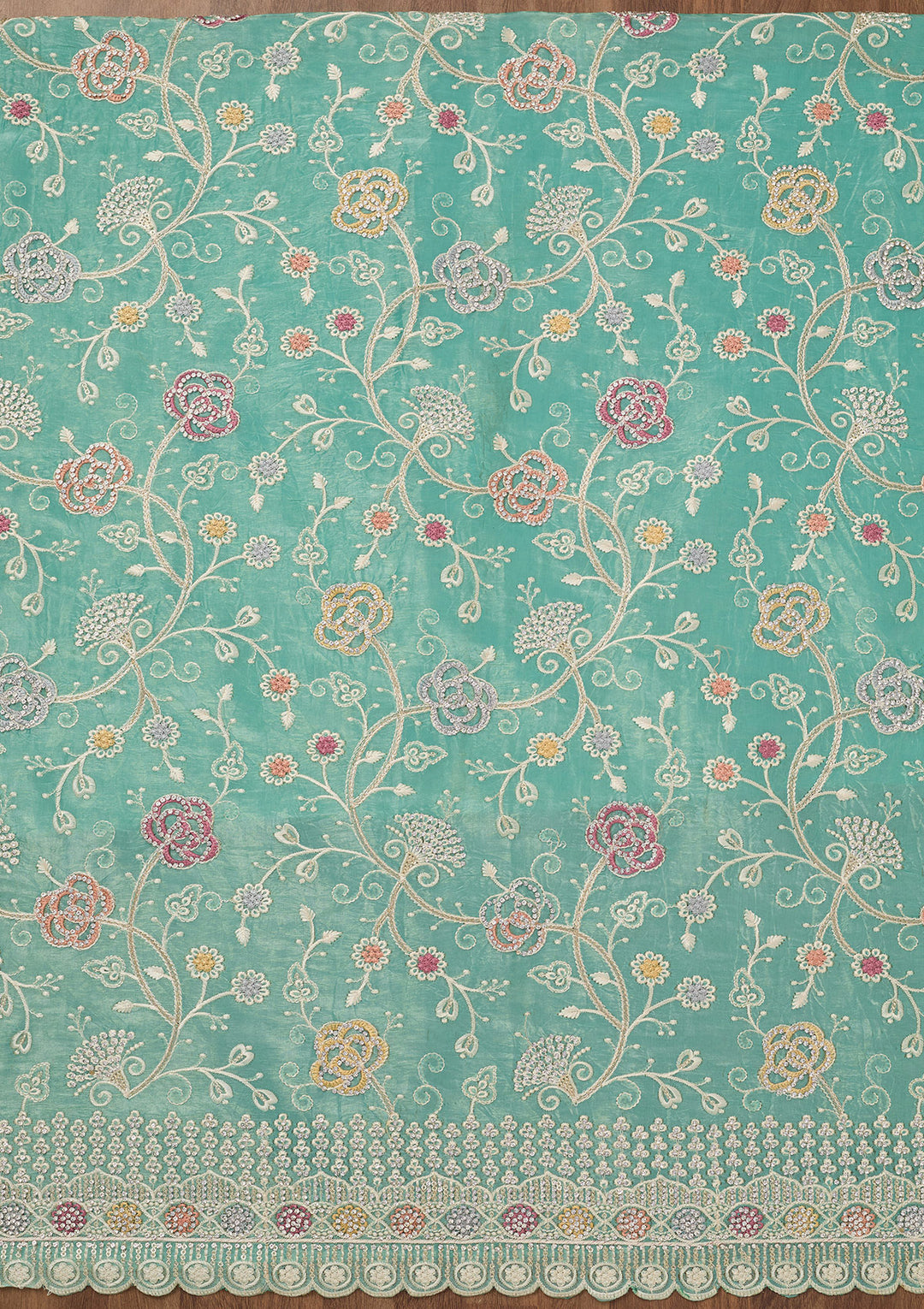 Sea Green Zariwork Semi Crepe Unstitched Salwar Suit