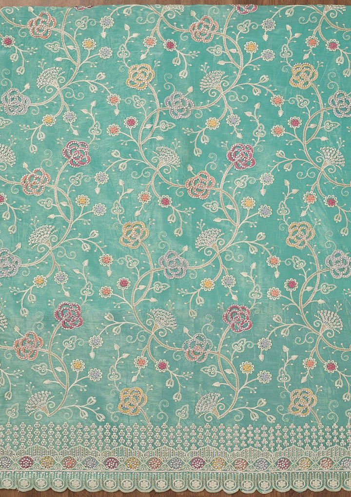 Sea Green Zariwork Semi Crepe Unstitched Salwar Suit