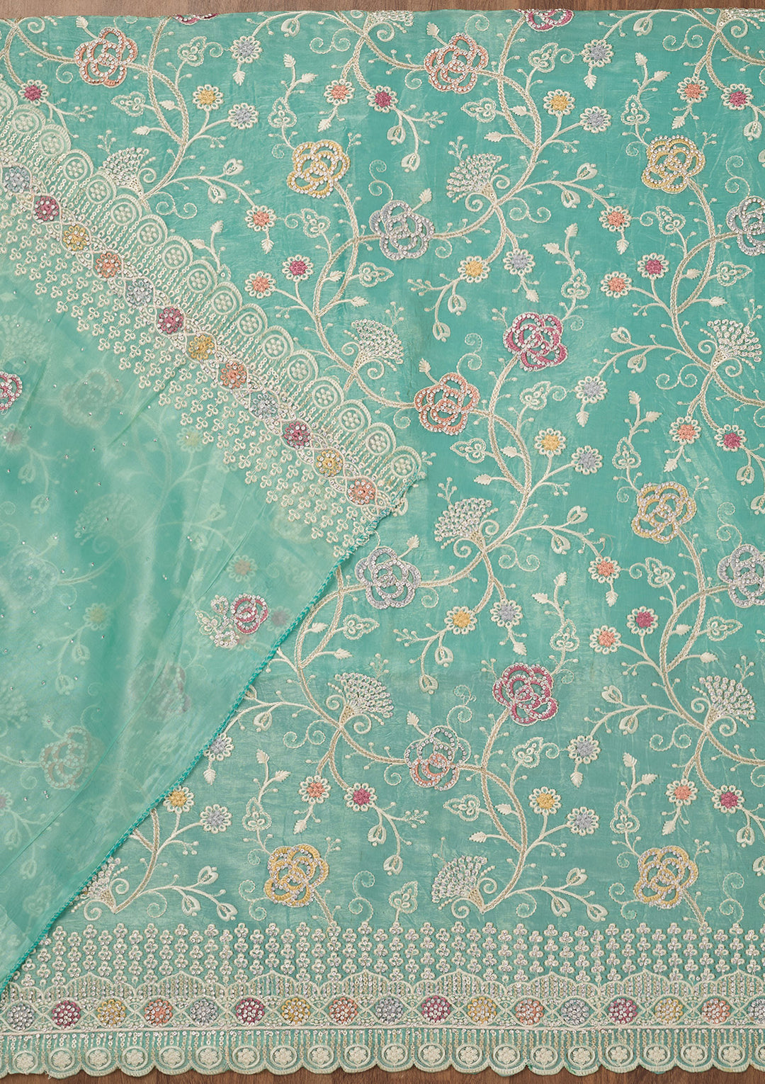 Sea Green Zariwork Semi Crepe Unstitched Salwar Suit