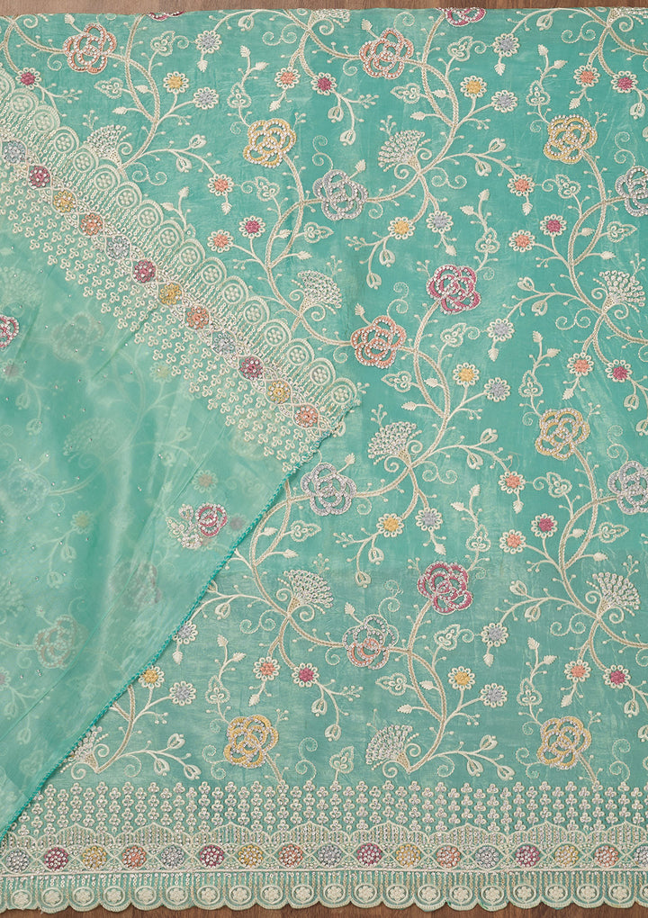 Sea Green Zariwork Semi Crepe Unstitched Salwar Suit