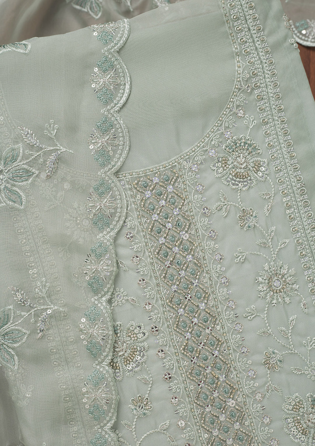 Sea Green Zariwork Semi Crepe Unstitched Salwar Suit