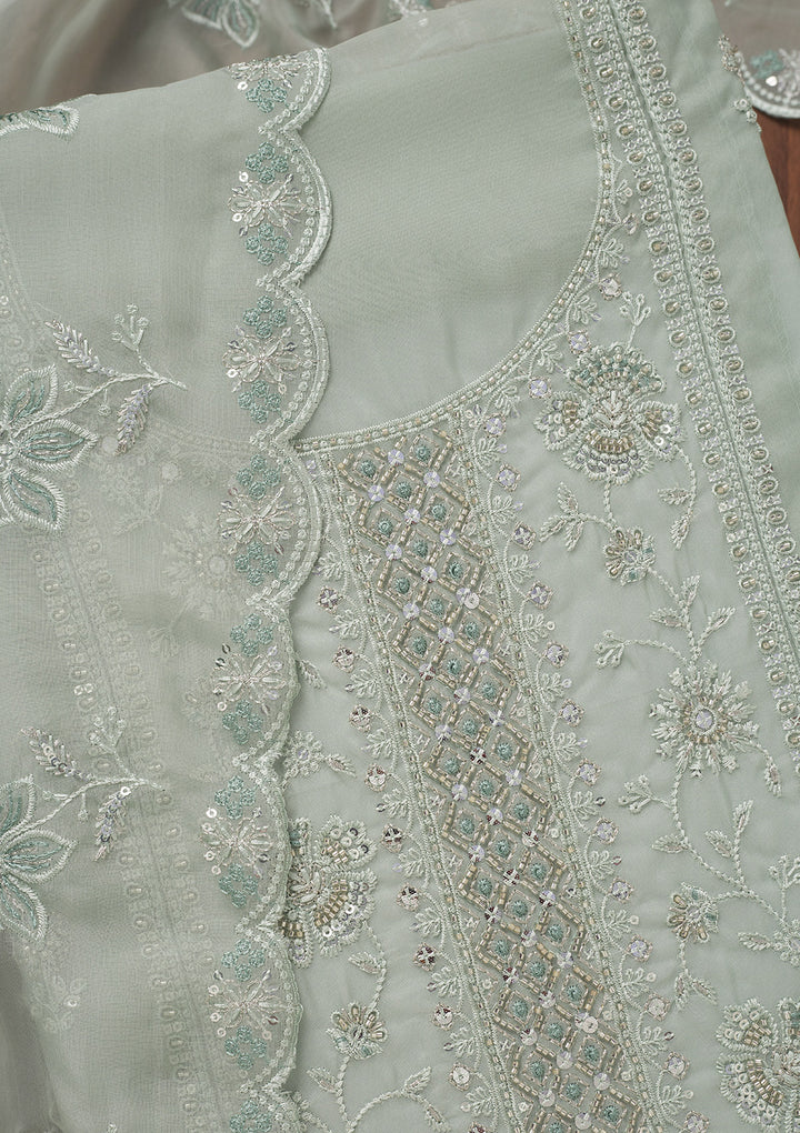 Sea Green Zariwork Semi Crepe Unstitched Salwar Suit