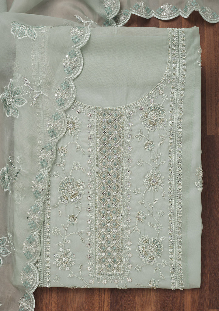 Sea Green Zariwork Semi Crepe Unstitched Salwar Suit