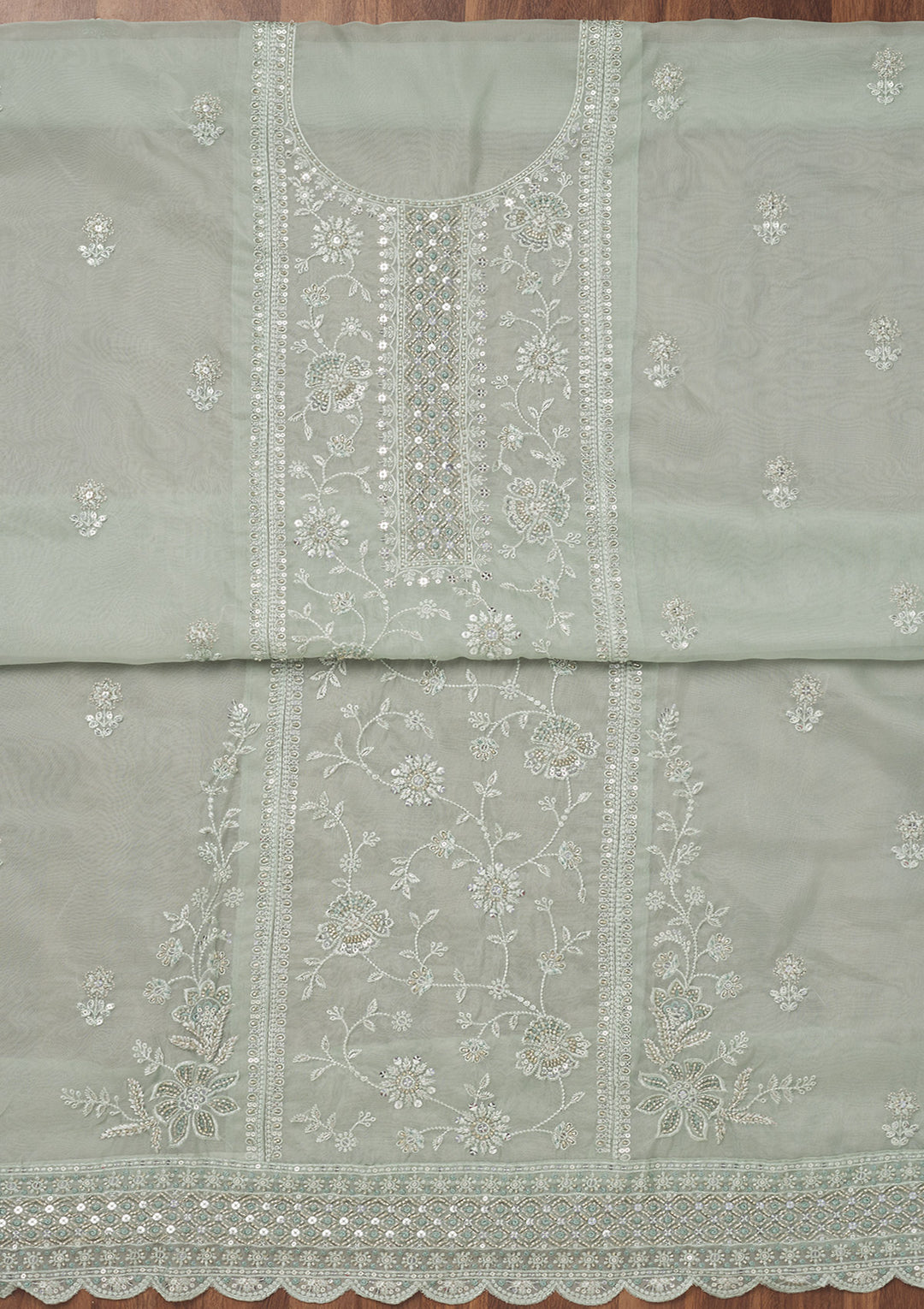Sea Green Zariwork Semi Crepe Unstitched Salwar Suit