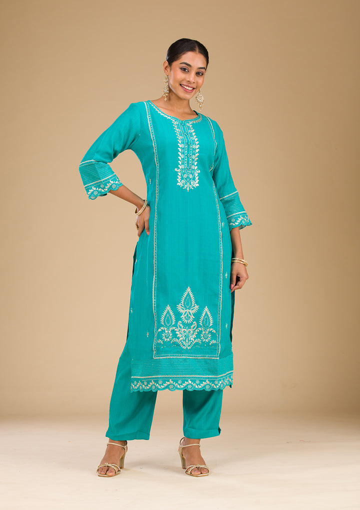 Sea Green Zariwork Silk Readymade Salwar Suit