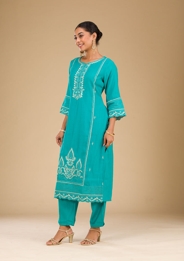 Sea Green Zariwork Silk Readymade Salwar Suit