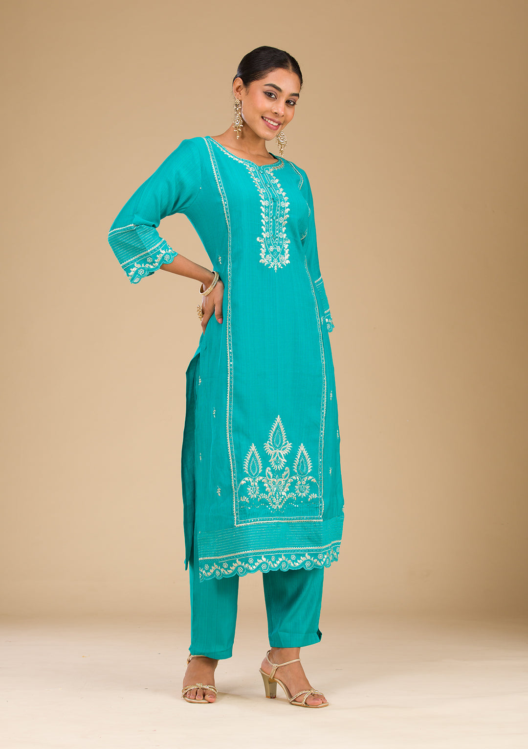 Sea Green Zariwork Silk Readymade Salwar Suit