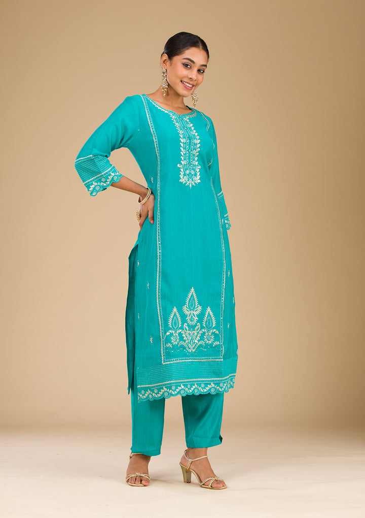 Sea Green Zariwork Silk Readymade Salwar Suit