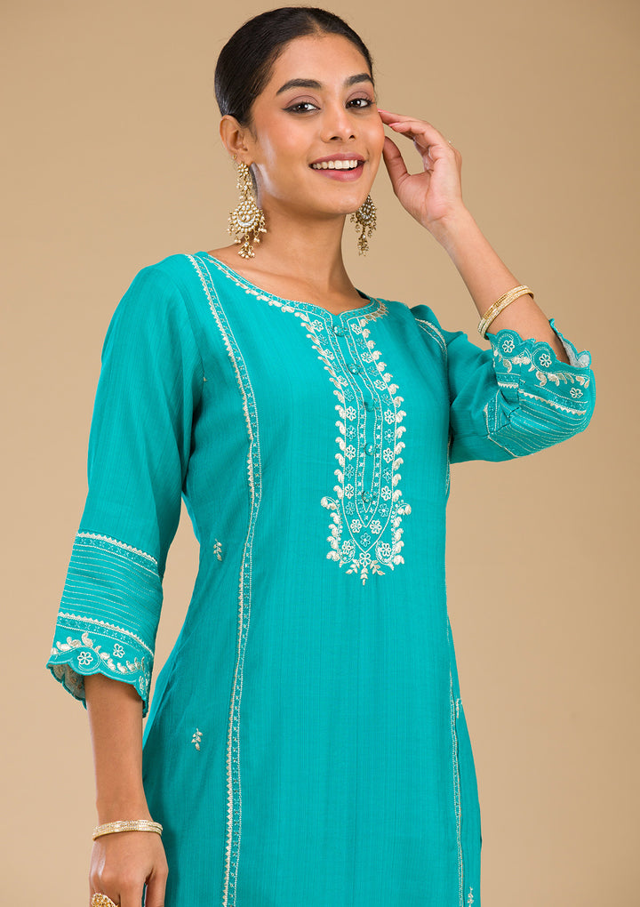 Sea Green Zariwork Silk Readymade Salwar Suit