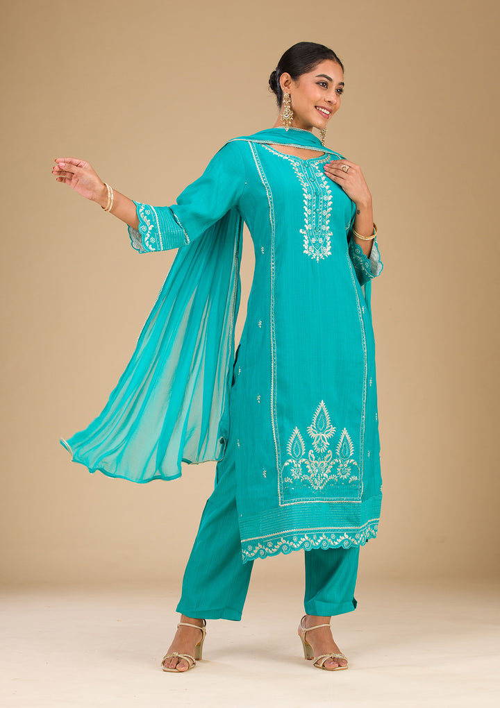Sea Green Zariwork Silk Readymade Salwar Suit