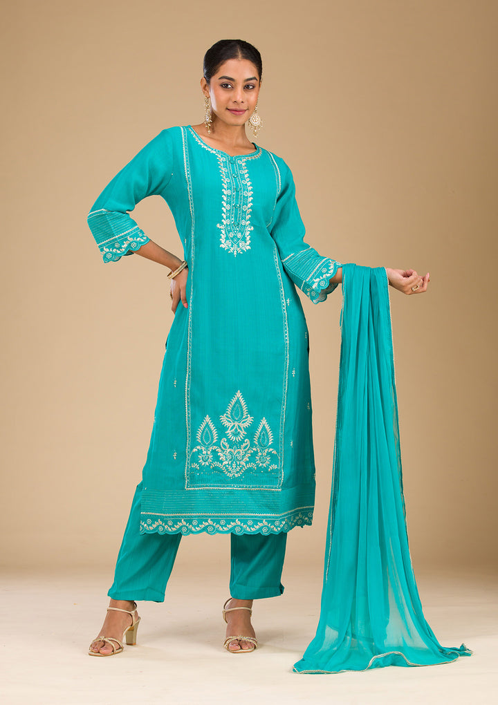 Sea Green Zariwork Silk Readymade Salwar Suit