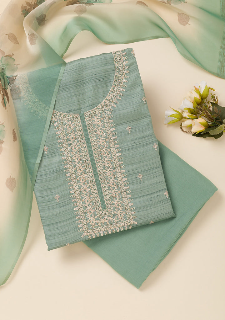 Sea Green Zariwork Soft Silk Unstitched Salwar Suit