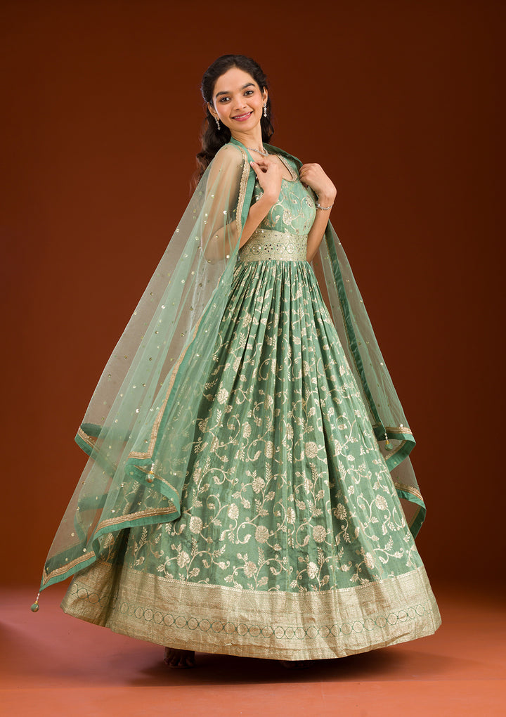 Sea Green Zariwork Tissue Readymade Salwar Suit