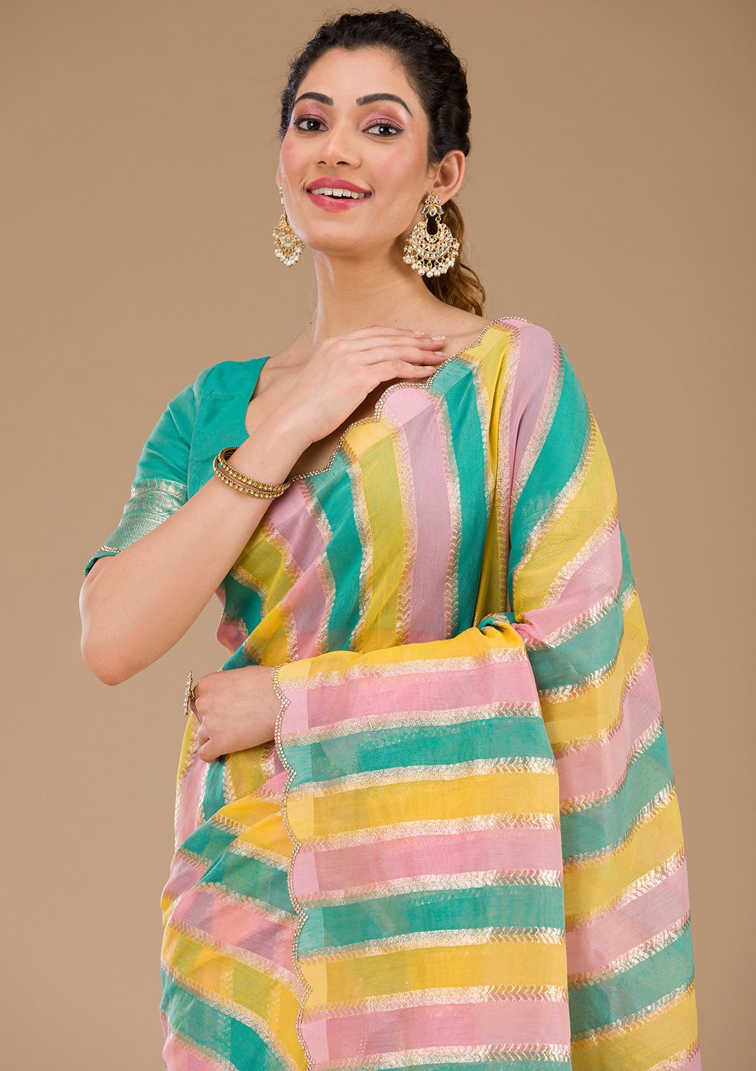 Sea Green Zariwork Tissue Saree-Koskii