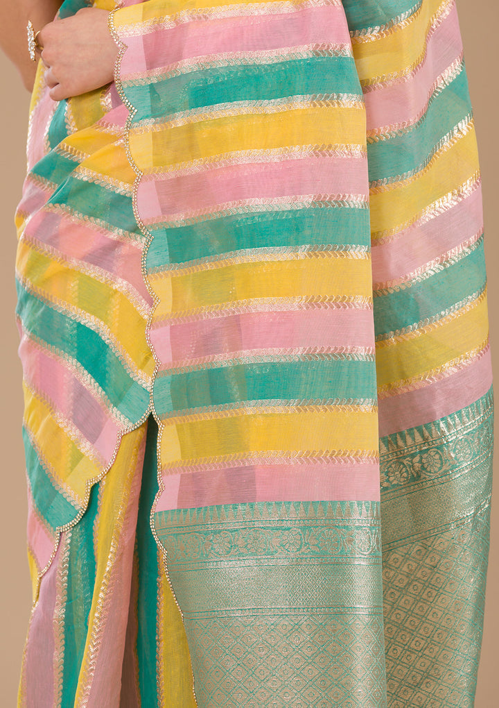 Sea Green Zariwork Tissue Saree-Koskii