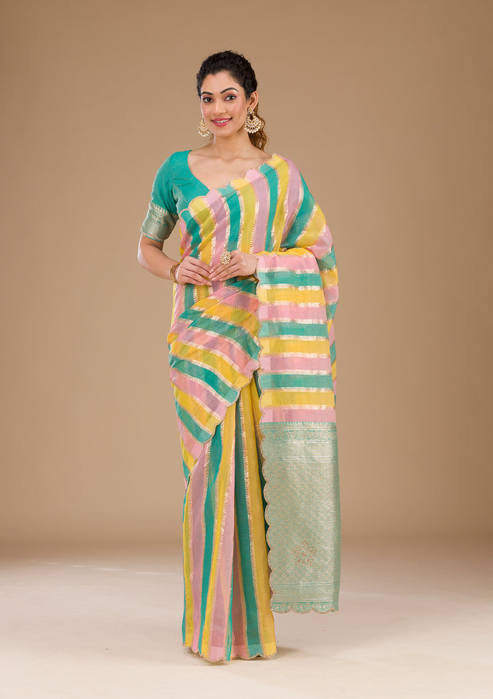 Sea Green Zariwork Tissue Saree-Koskii