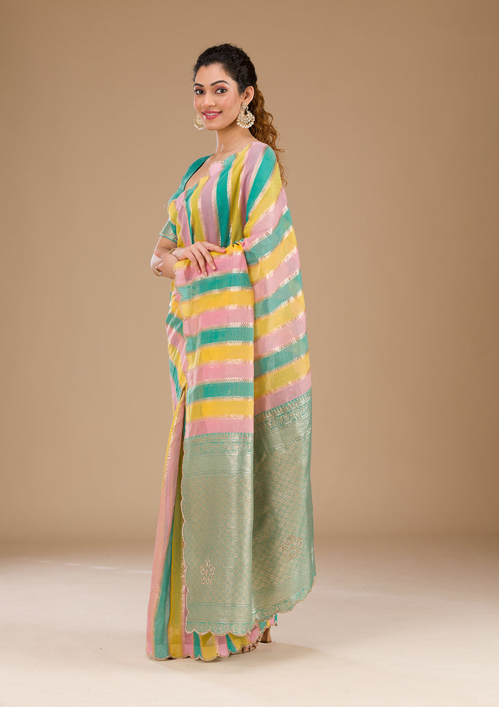 Sea Green Zariwork Tissue Saree-Koskii