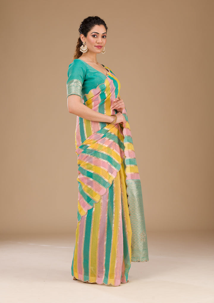 Sea Green Zariwork Tissue Saree-Koskii