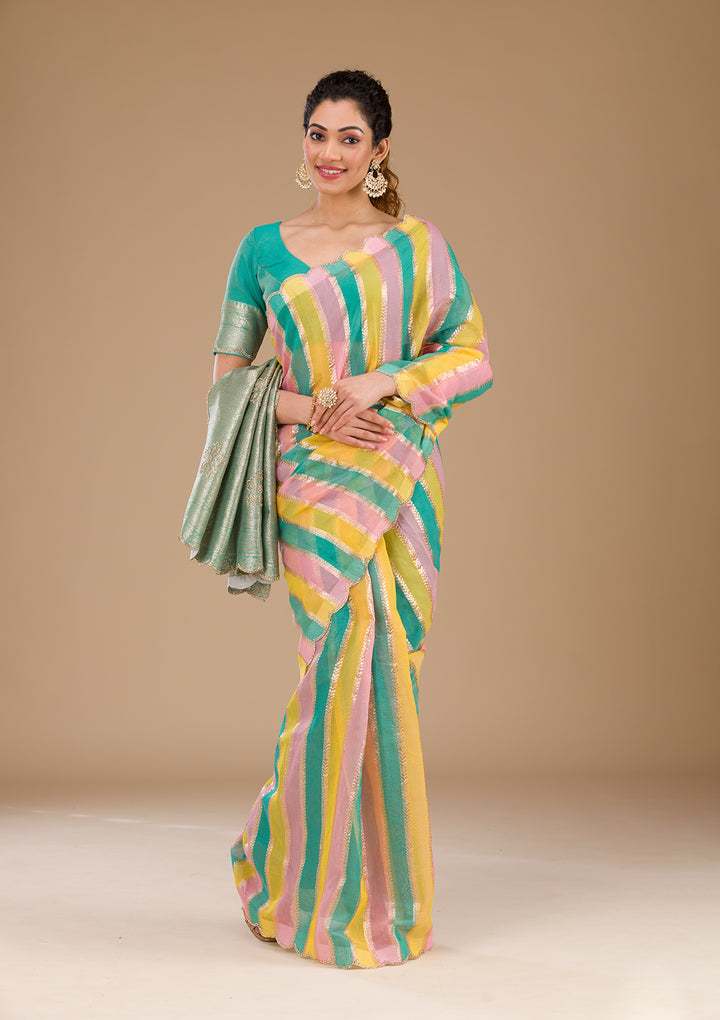 Sea Green Zariwork Tissue Saree-Koskii