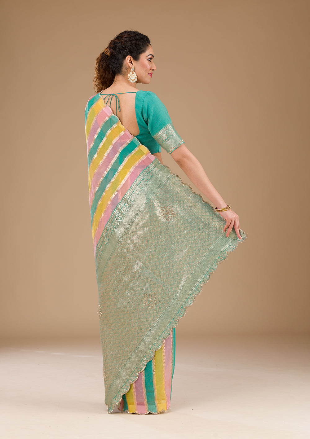 Sea Green Zariwork Tissue Saree-Koskii